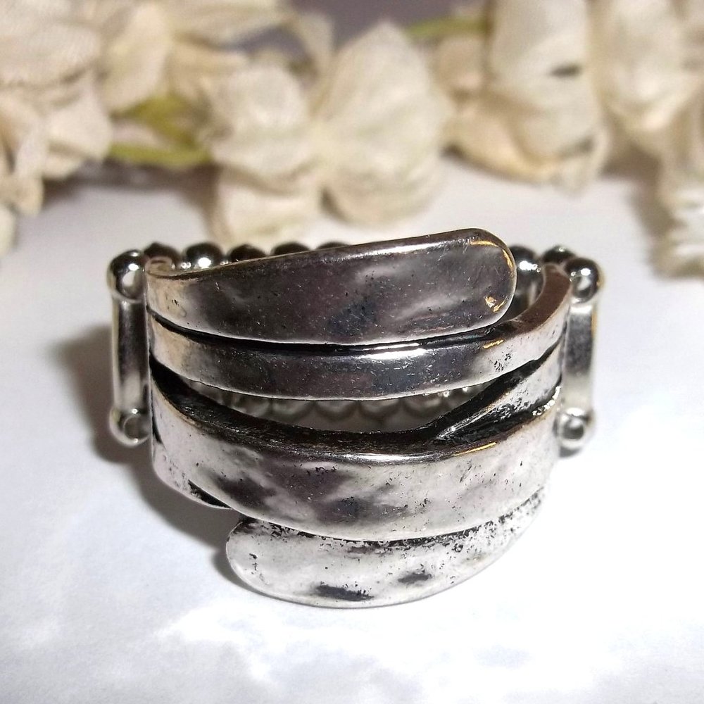Silver Statement Ring Adjustable Size Stretch Band Girl Woman Boho Style C096